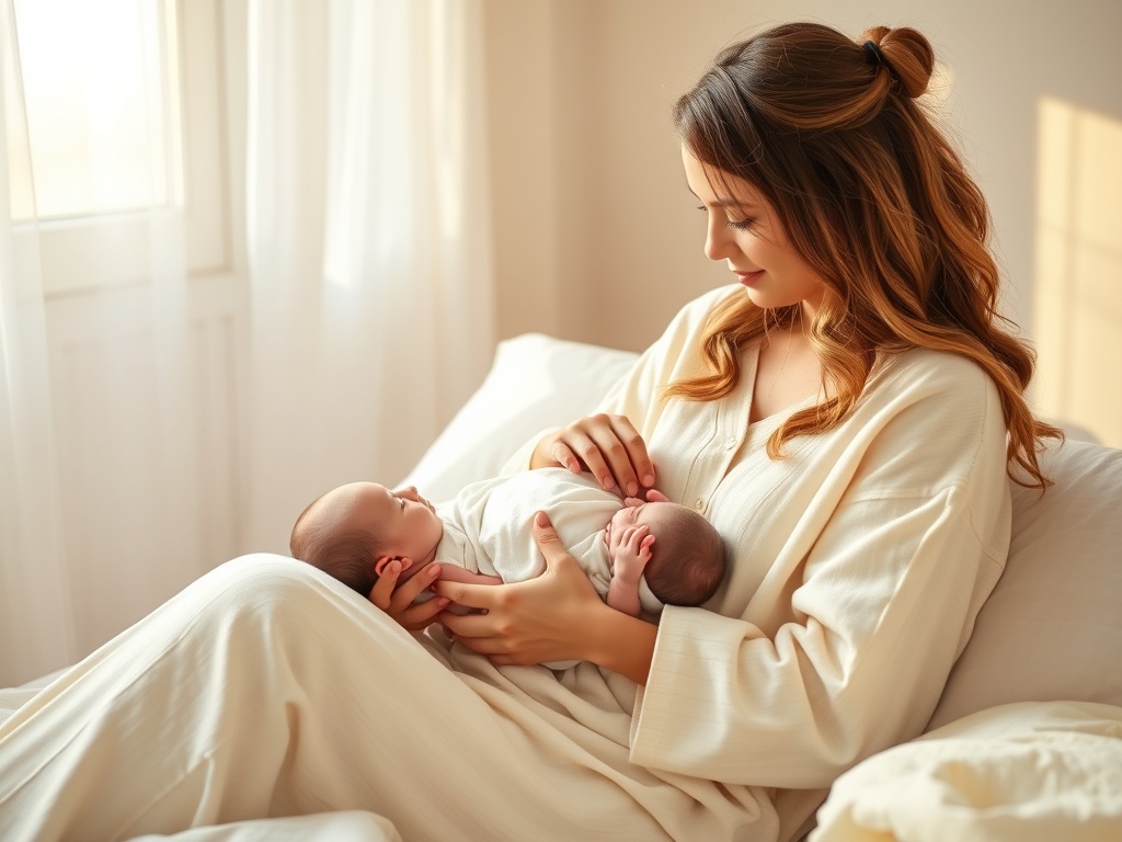 Mother cradling her newborn in a calm, sunlit room